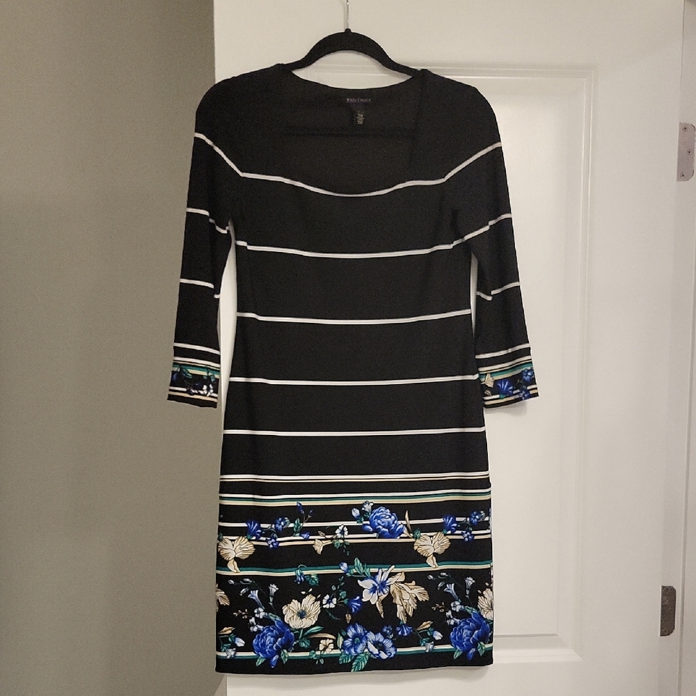 White House Black Market Striped Black Dress with Blue Floral Accents